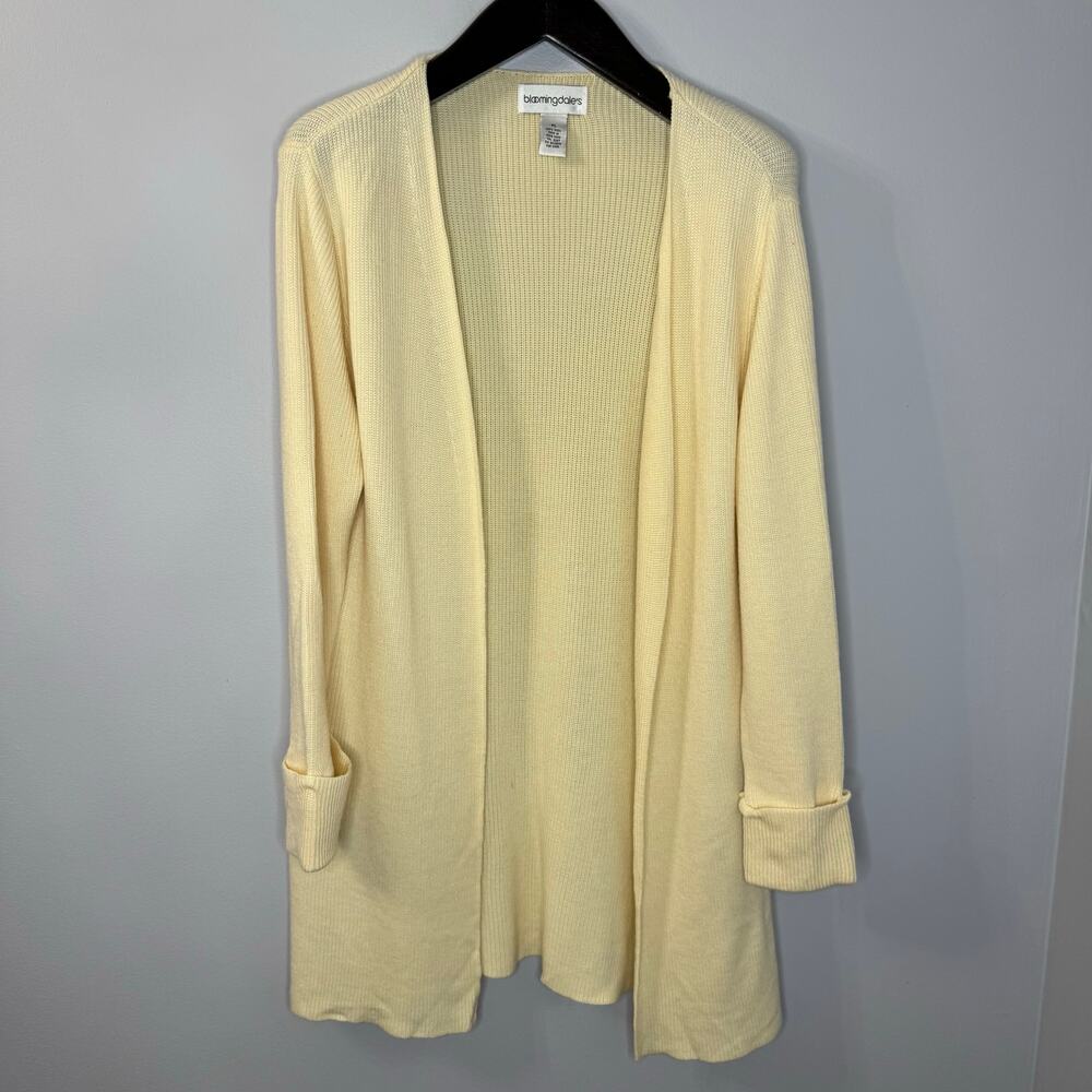 Bloomingdale's Vintage Ribbed Wool Knit Open Front Long Cardigan Cream Sz LP